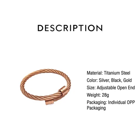 Titanium Stainless Steel Twisted Cable Wire Bracelet For Men Open Cuff Adjustable Bangle Hip Hop Punk Jewelry