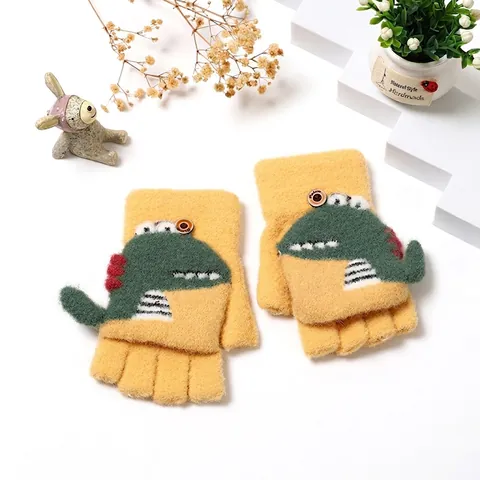 Kids Winter Warm Knit Gloves Cartoon Dinosaur Pattern Convertible Flip Top Half Finger Mittens For Boys Girls Casual Wear