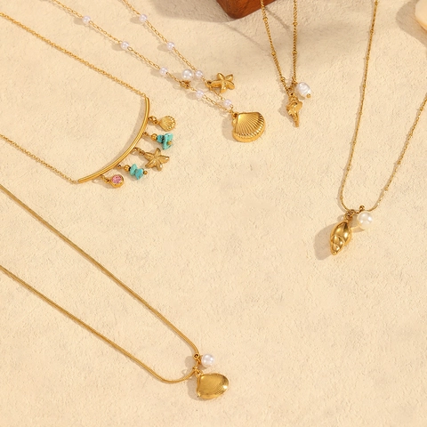 Collana Con Pendente Conchiglia E Stella Marina Oro 18K Placcato Acciaio Inossidabile Perla Artificial Gioielli Spiaggia Donna