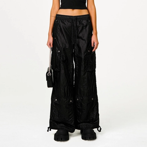 Damen Cargo Hose Weites Bein Multi Tasche Glänzend Nylon Baumwolle Streetwear Retro Blitz Stickerei Kordelzug Hose