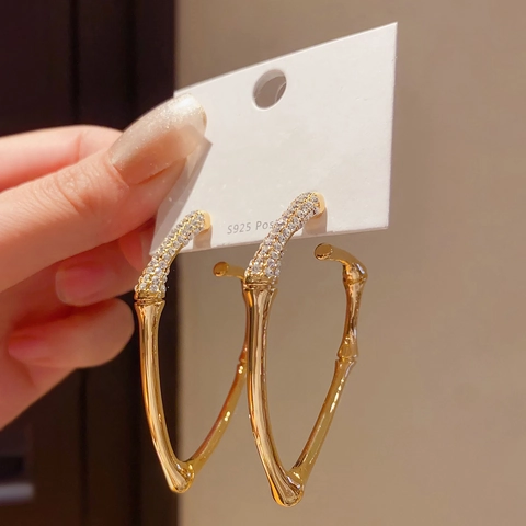 Alloy Bamboo Texture Hoop Earrings With 925 Sterling Silver Earring Post Rhinestone Inlaid Fashion Jewelry For Women