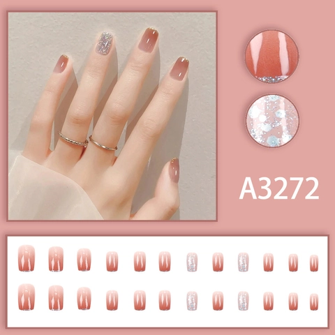 Press On Nails Square Peach Ombre Gold French Edge Silver Glitter Glossy False Nails For Women Manicure