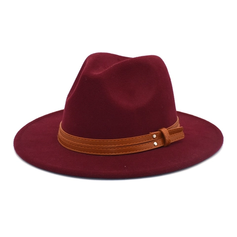 Fedora Hat Wool Felt Wide Brim Jazz Style Vintage Retro With Faux Leather Belt Rivets Solid Color Unisex Couples