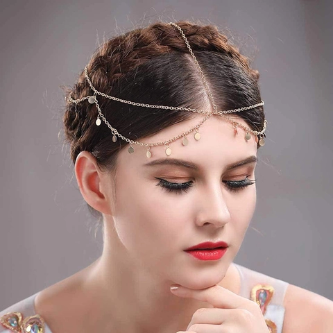 Bohemia Multi Layer Alloy Head Chain With Coin Pendants Gold Tone Elegant Party Hair Accessory For Women