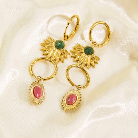 Boho Vintage Sonnenstrahl Ohrringe Edelstahl 14K Vergoldet Naturstein Geometrische Hängeohrringe Modeschmuck Damen