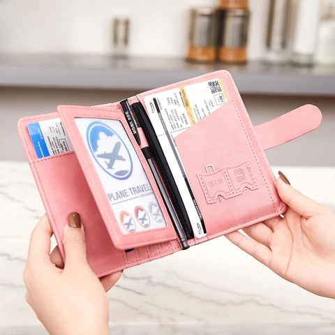 Travel Passport Holder PU Leather RFID Blocking Multi Functional Wallet Card Organizer With Metal Airplane Logo For Trip