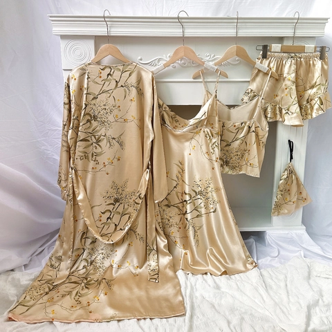 Women Satin Loungewear Robe Camisole Nightdress Shorts And Storage Bag Cherry Floral Print Satin Like Sleepwear Elegant