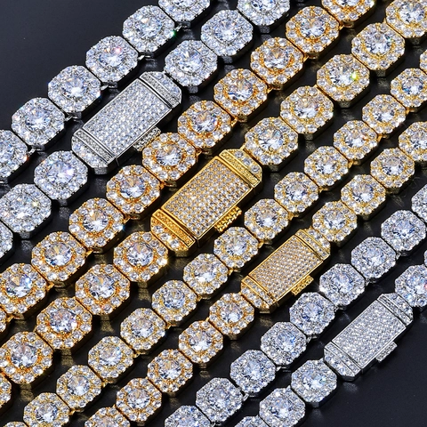 Necklace And Bracelet Hip Hop Copper Zircon Iced Out Gold Plated Square Cuban Link Chain For Men Women