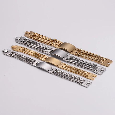 Men Stainless Steel Cuban Link Bracelet Double Row Curved Plate Hip Hop Fashion Jewelry