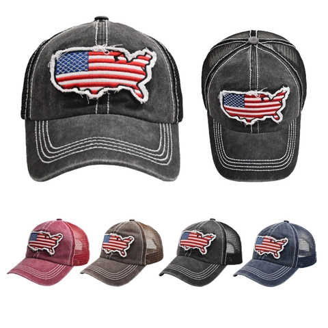 Washed Cotton Trucker Hat Distressed Baseball Cap Mit US Map American Flag Patch Mesh Back Retro Style Verstellbar
