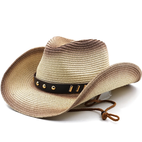 Cappello Da Cowboy Di Paglia Sfumato Tesa Larga Intreccio Di Carta Protezione Solare Esterno Con Cinturino In Pelle Rivetti