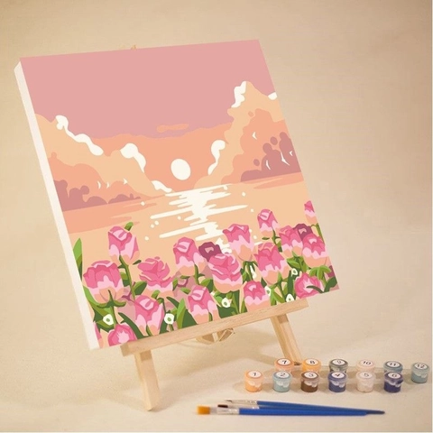 Peinture Par Numéros DIY Peinture Acrylique Toile Cadre En Bois Mini Chevalet Pinceaux Paysage Et Dessin Animé Décoration