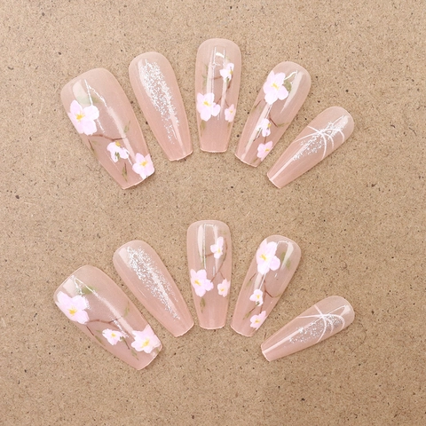 Handmade Press On Nails Long Coffin Pink Cherry Blossom Floral Silver Glitter Sweet Fresh Style For Women DIY Manicure
