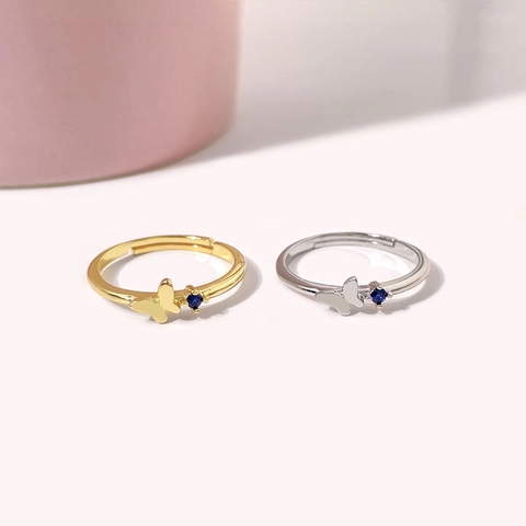Bague Ouverte Papillon en Cuivre Plaqué Or 18K pour Femmes Ajustable avec Zirconia Bleu Incrusté Bijoux Animaux Doux Minimalistes