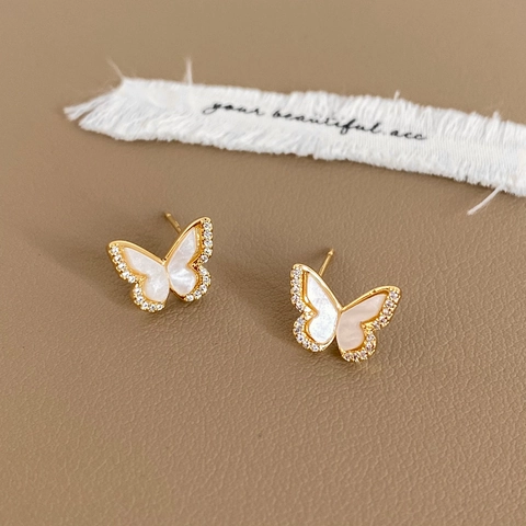 Pendientes de Botón de Mariposa Blanca Dulce Micro-Incrustado Cobre Bañado en Oro Con Poste de Plata Ley 925 Joyería de Strass para Mujer