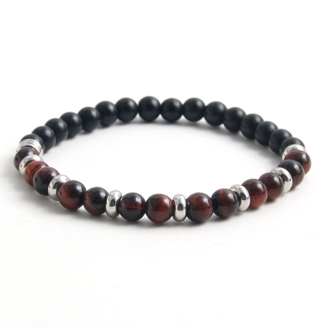 Pulsera Cuentas Piedra Natural Ojo De Tigre Rojo Ágata Mate Obsidiana Hematita Acero Inoxidable Elástica Joyería Hecha A Mano