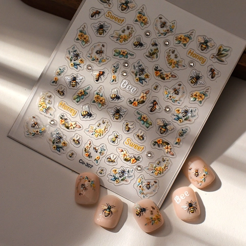 Stickers Ongles Texture Relief Vintage Abeille Fleur Autocollants Imperméables Style Pastoral Décoration Manucure