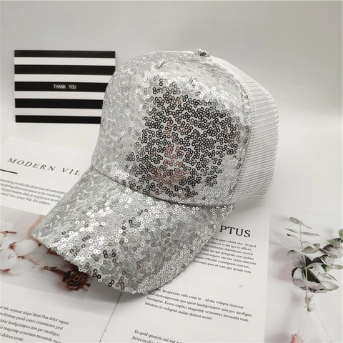 Sequin Baseball Cap Shiny Mesh Trucker Hat Breathable Adjustable Sun Protection Fashion Streetwear For Women