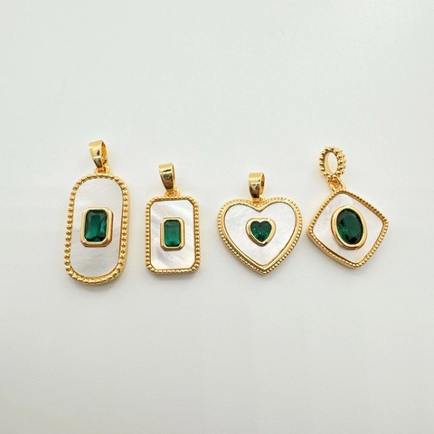 Dijes Vintage Cobre Chapado En Oro Madreperla Piedra Preciosa Verde Corazón Cuadrado Ovalado DIY Joyería