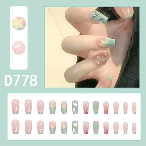 Faux Ongles French Press On Strass Étoile Cœur Décoration Menthe Vert Rose Dégradé Réutilisables Élégants Ongles Pour Femmes