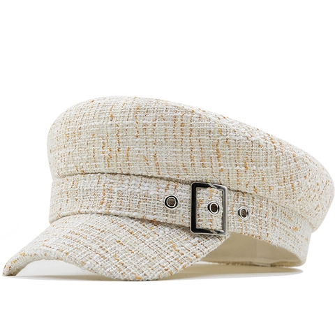 Damen Tweed Schiebermütze Karo Baker Boy Mütze Mit Metallschnalle Flaches Top Marine Stil Herbst Winter Freizeit Mode