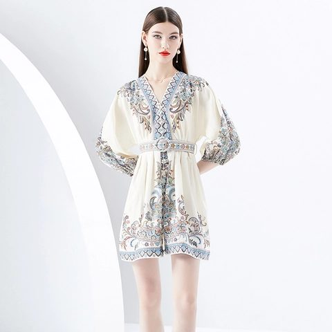 Retro Floral Print V Neck Mini Dress With Belt Lantern Sleeve Elegant Vacation Holiday Style For Women Polyester