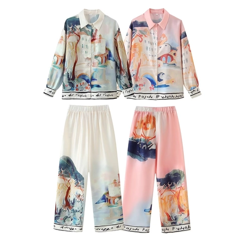 Ensemble Femme Chemise Manches Longues Satin Imprimé Artistique Et Pantalon Large Streetwear Vacances Taille Élastique