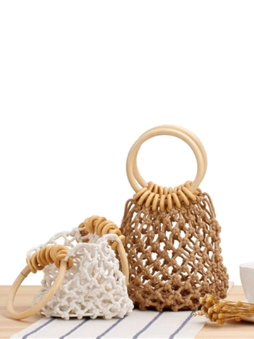 Handgewebte Eimer Tasche Mit Holzring Griff Baumwollseil Hohles Netz Sommer Strand Urlaub Handtasche Für Damen
