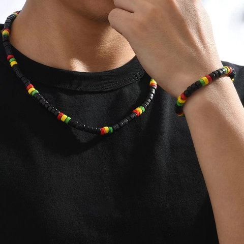 Rasta Reggae Stil Holzperlen Halskette Und Armband Handgemachter Bunter Ethno Stammes Schmuck Für Damen Und Herren