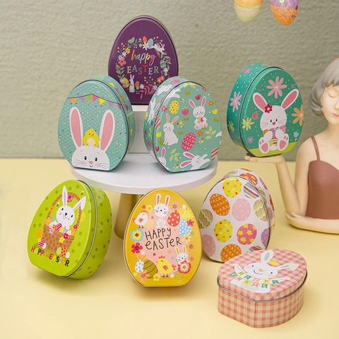 Scatola In Banda Stagnata A Forma Di Uovo Di Pasqua Motivo Coniglio Cartone Animato Contenitore Regalo Caramelle Festa