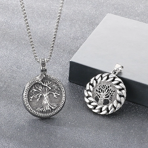 Collier Pendentif Arbre De Vie Viking Ouroboros Acier Inoxydable Mythologie Nordique Rune Style Rétro Punk Bijoux Pour Hommes