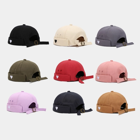 Retro Cotton Canvas Docker Hat With Heart Embroidery Brimless Cap Adjustable Metal Buckle Japanese Style Unisex Miki Hat