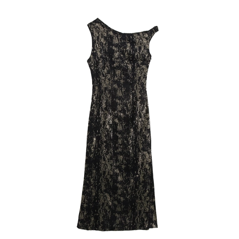 Asymmetrisches Ärmelloses Maxikleid Metallic Goldprägung Abstrakt Sexy Schlanke Passform Abendparty Elegant Damen