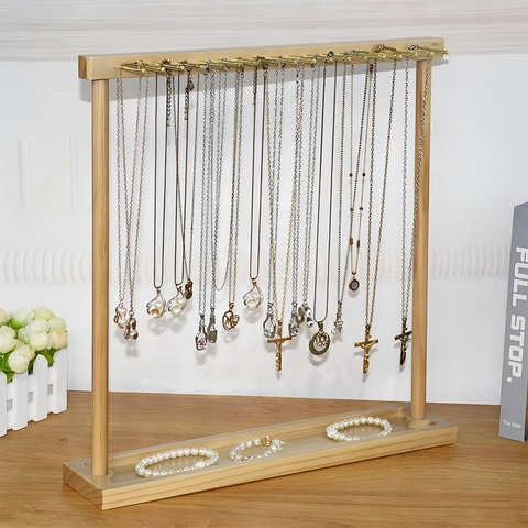 Wooden Necklace Display Stand Jewelry Rack With Metal Hooks And Base Tray For Bracelet Pendant Storage Desktop Organizer