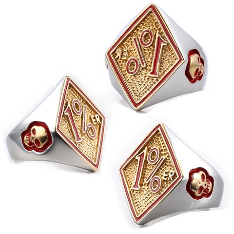 Men Biker Signet Ring 316L Stainless Steel 1%er Logo Skull Relief Gold Plated Red Enamel Punk Gothic Retro Jewelry