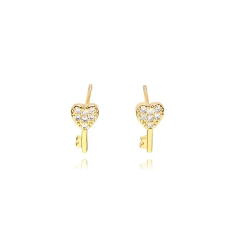 Trendy Heart Key Stud Earrings Zirconia Inlaid Copper 18K Gold Plated Small Ear Jewelry For Women Valentine Gift