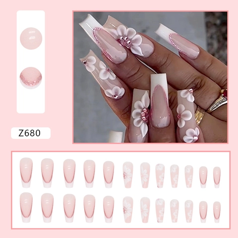 Ongles à Presser Ballerine Longue French Manucure Fleur 3D Strass Paillettes Faux Ongles Style Doux Pour Femmes