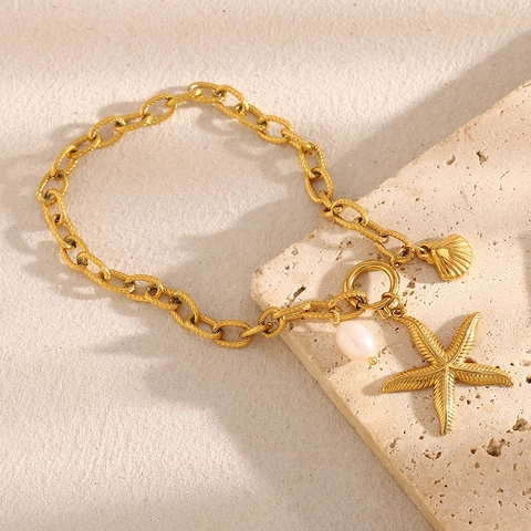 Stainless Steel Starfish Artificial Pearl Anklet 18K Gold Plated Shell Charm Boho Beach Summer Foot Jewelry For Women