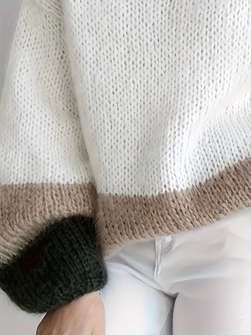 Women Color Block Pullover Sweater Chunky Knit Round Neck Long Sleeve Loose Fit Autumn Winter Warm Polyester