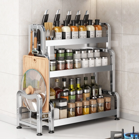 Stainless Steel Kitchen Spice Rack Multi-layer Countertop Storage Shelf With Knife Holder Hooks Chopping Board Stand