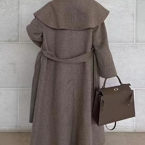 Abrigo De Lana Elegante Para Mujer Estilo Británico Solapa Grande Cinturón Color Sólido Manga Larga