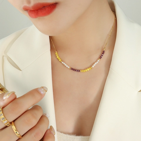 Collana Perla Artificial Imitazione Pietra Occhio Di Gatto Acciaio Titanio Placcato Oro 18K Perline Colorate Gioielli Moda Donna