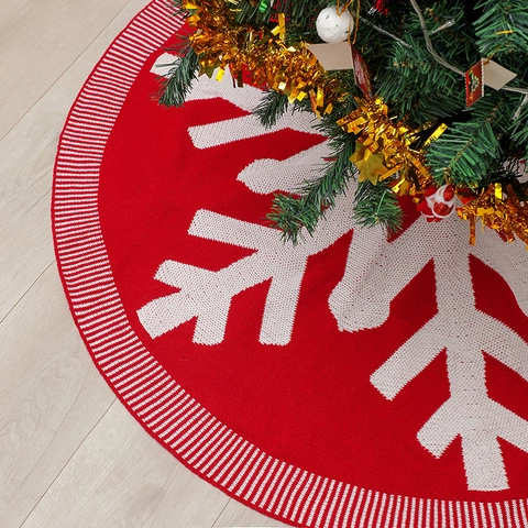 Christmas Tree Skirt Acrylic Knit Large Snowflake Red White Striped Edge Holiday Decor