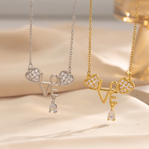 Love Heart Letter Pendant Necklace Stainless Steel Zirconia Rhinestone Elegant Fashion Jewelry Gift For Women