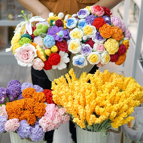 Hand Crochet Artificial Flowers Knitted Yarn Rose Tulip Sunflower Handmade Floral Home Office Decor Gift For Mother Birthday