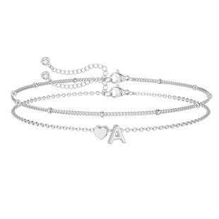 Bracciale a Doppio Strato in Acciaio Inossidabile con Pendente a Cuore e Lettera Cavigliera Regolabile da Donna Gioielli da Spiaggia Oro Argento