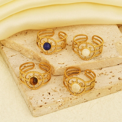 Bague Ajustable Ouverte En Acier Inoxydable 304 Pierre Naturelle Style Rétro Français Bohème Plaqué Or Pour Femme