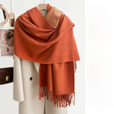 Elegant Two Tone Double Sided Polyester Scarf With Tassel Fringe Soft Warm Winter Shawl For Women Chic Daily Outdoor Accessory