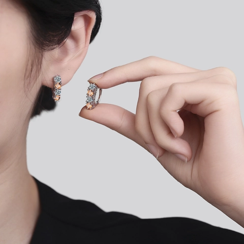 Pendientes De Aro Huggie Cobre Con Poste De Plata 925 Circonita Cúbica Redonda Blanca Champaña Geométrico Para Mujeres