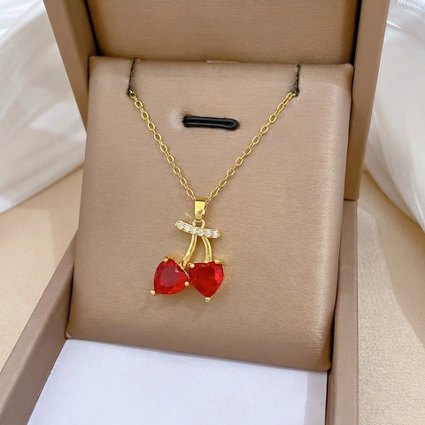 Kirsche Anhänger Halskette Titanstahl Kupfer Mikro Eingelegt Rot Herz Zirkon Gold Elegant Mode Schmuck Für Damen